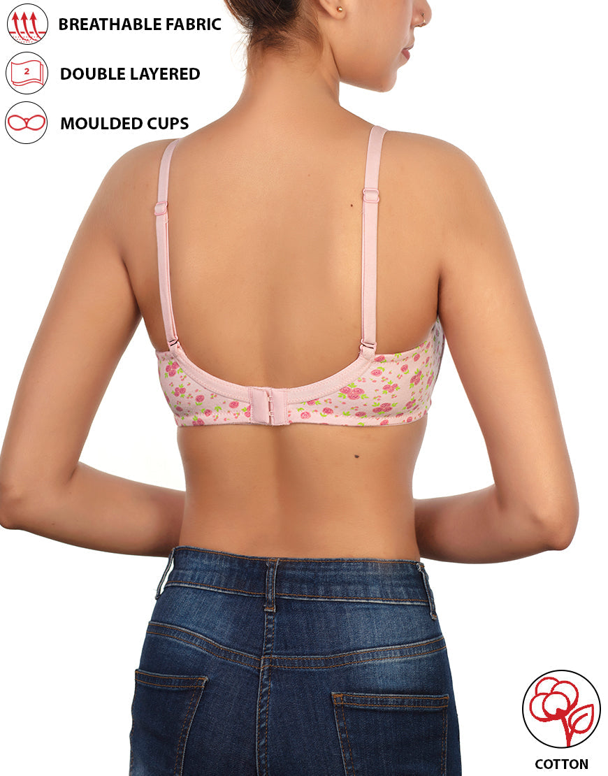 Double-layered, non-wired, printed cotton bra – Baby Rose Print
