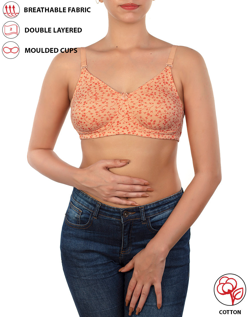 Double-layered, non-wired, printed cotton bra – salmon