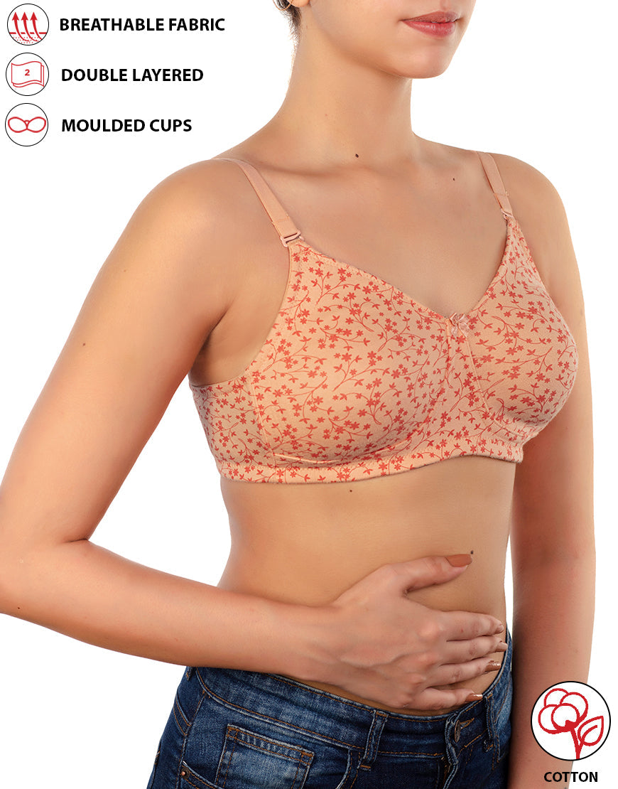 Double-layered, non-wired, printed cotton bra – salmon