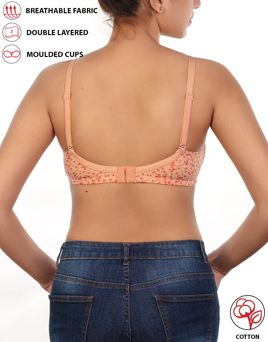 Double-layered, non-wired, printed cotton bra – salmon