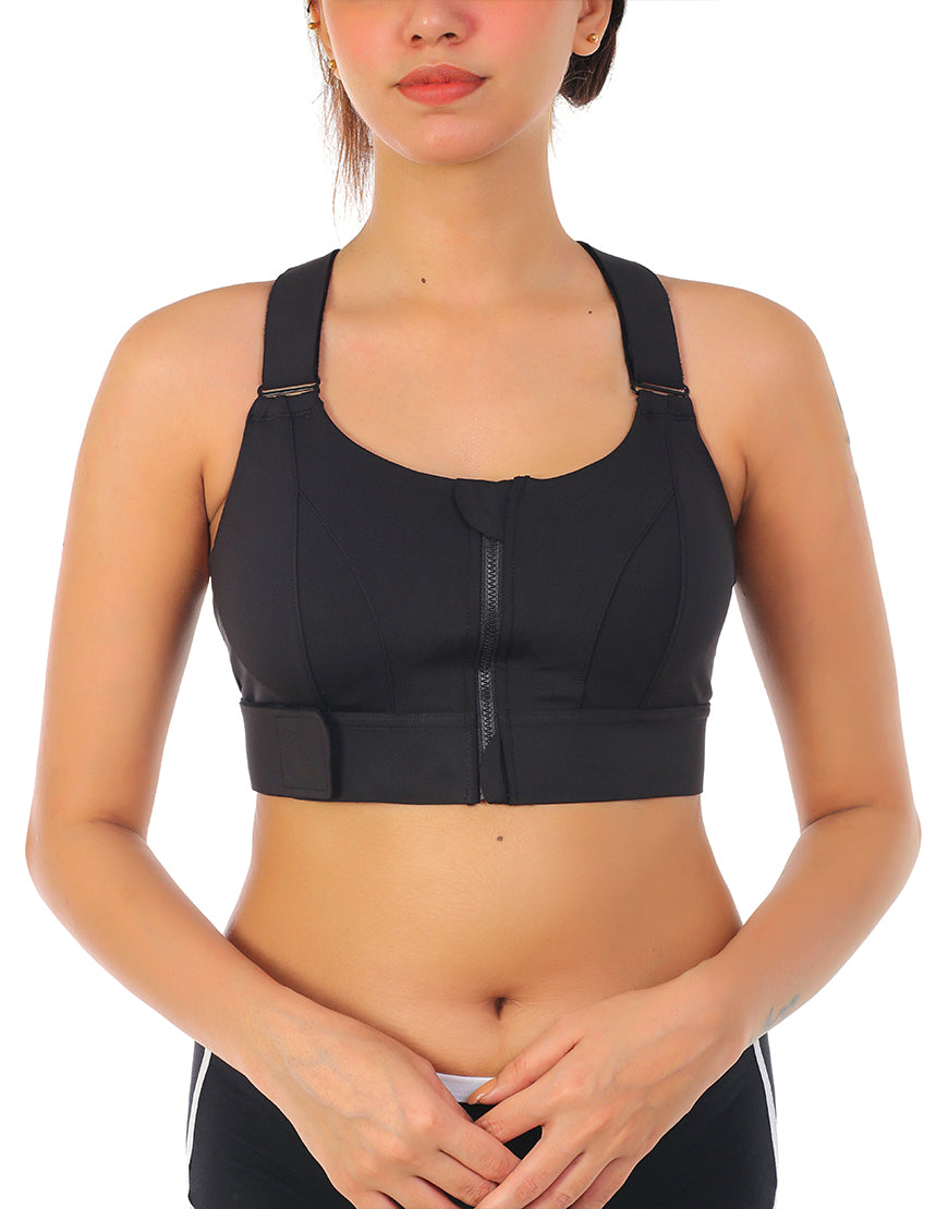 Premium-Qualität Frontverschluss gepolsterter High-Impact-Sport-BH mit verstellbarem Bund – Schwarz