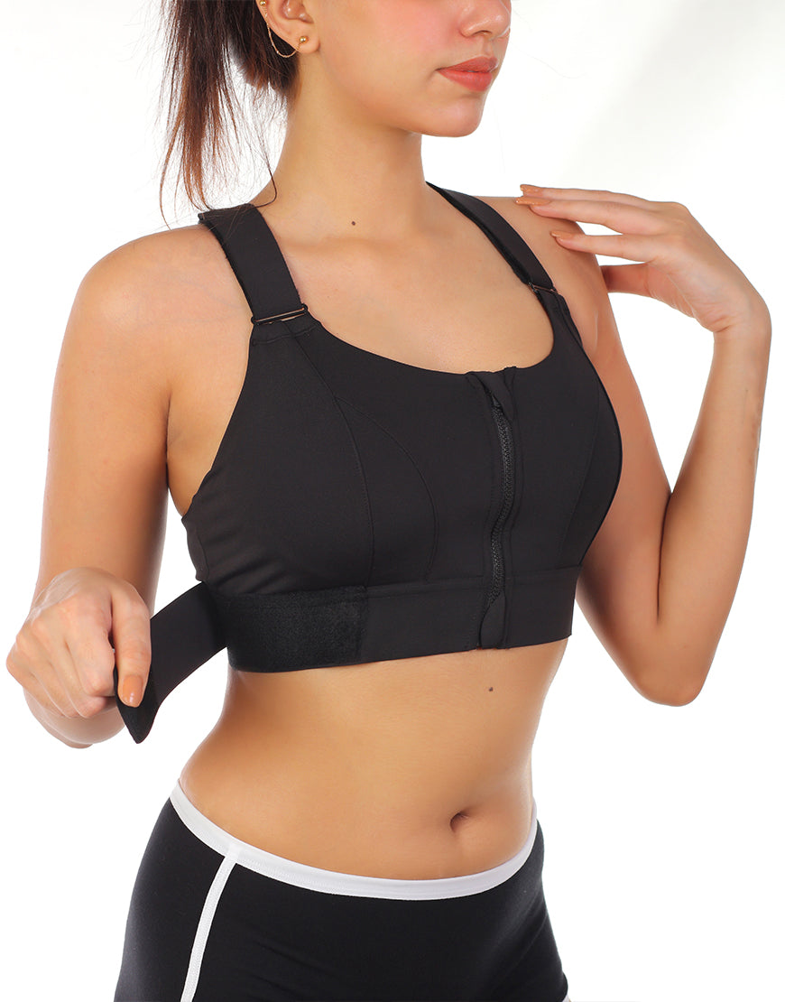 Premium-Qualität Frontverschluss gepolsterter High-Impact-Sport-BH mit verstellbarem Bund – Schwarz