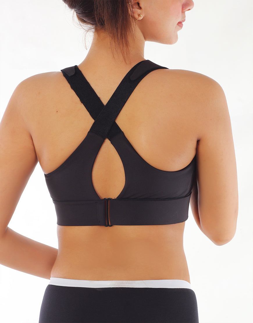 Premium-Qualität Frontverschluss gepolsterter High-Impact-Sport-BH mit verstellbarem Bund – Schwarz