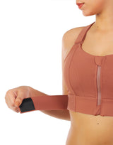 Premium quality front closure padded high impact sports bra with adjustable waistband – rust