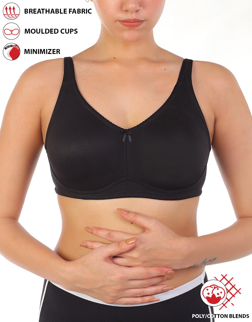 Full Coverage Bra, Super Support, Seamless Molded Cups, Minimizer – Black