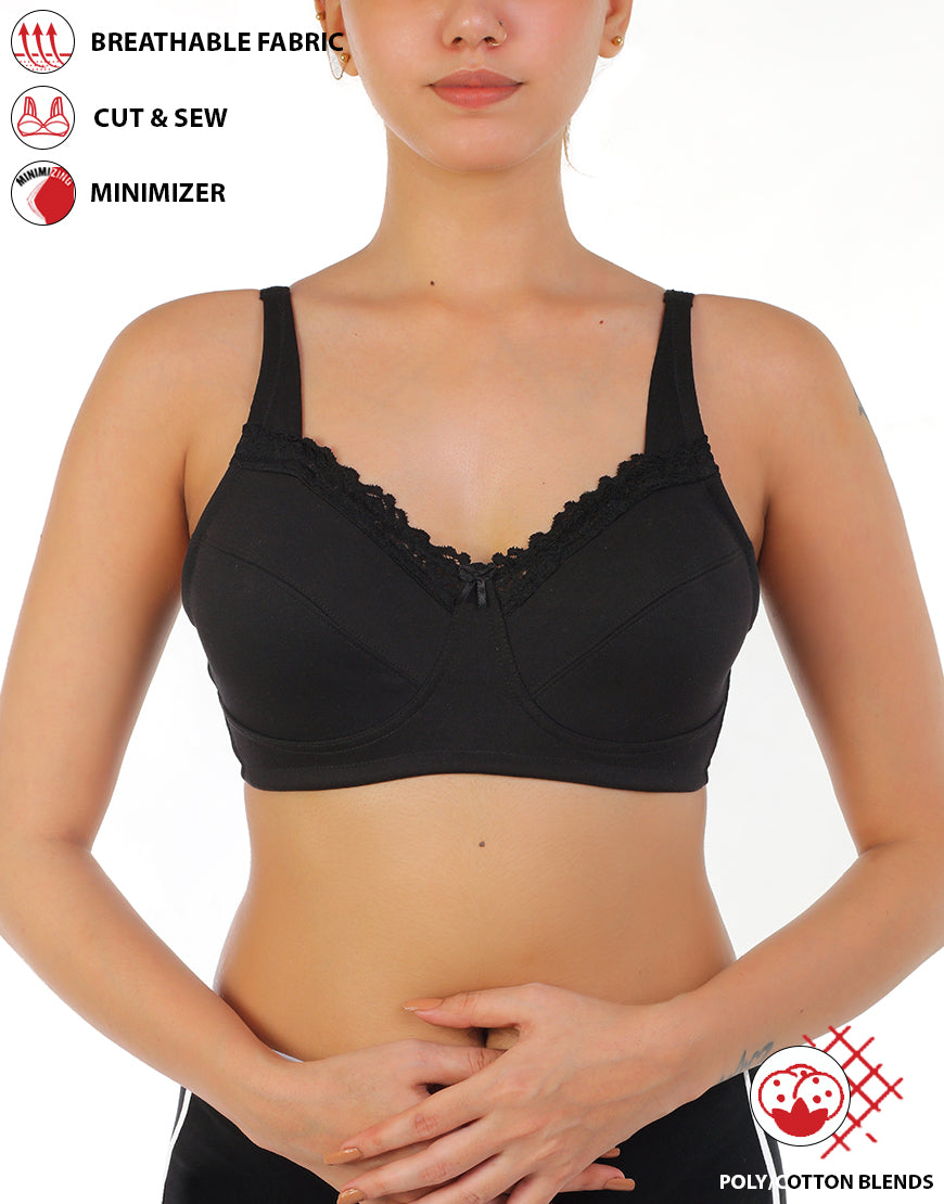 Full Coverage Bra, Super Support, Seamless Molded Cups, Minimizer – Black