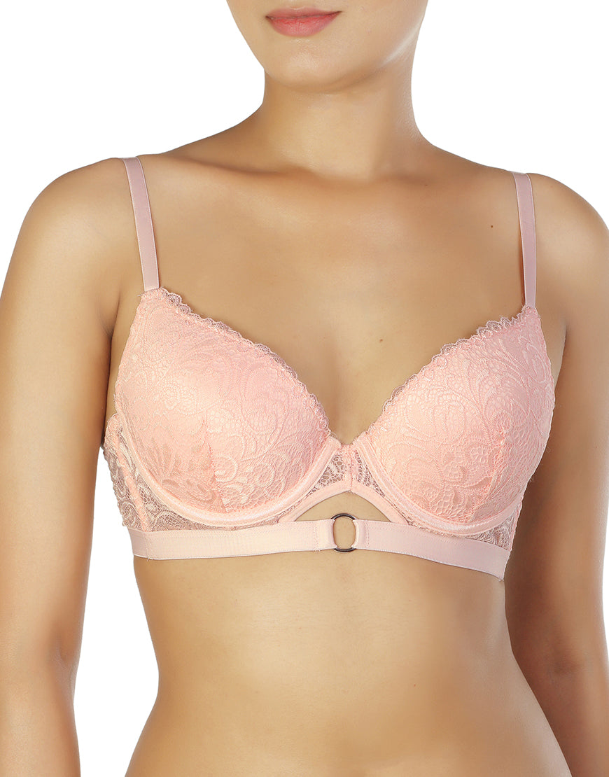 Lace push-up bra set with metal rings – violet pink
