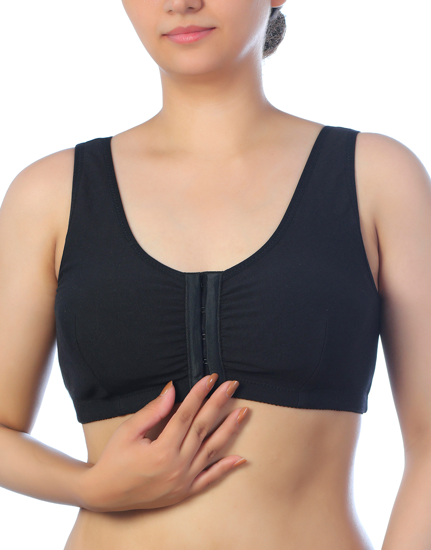 Cotton Front-Opening Slip-On Post-Operative Bra with Pockets – Black