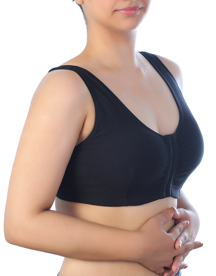 Cotton Front-Opening Slip-On Post-Operative Bra with Pockets – Black