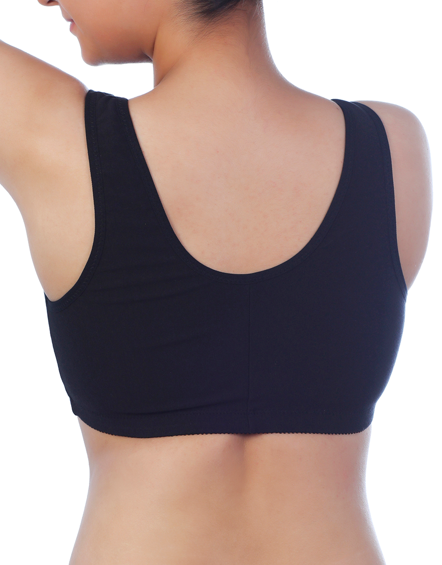 Cotton Front-Opening Slip-On Post-Operative Bra with Pockets – Black