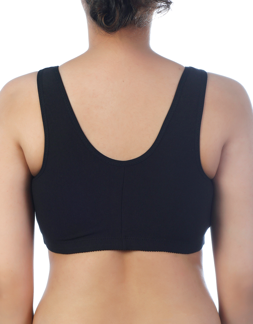 Cotton Front-Opening Slip-On Post-Operative Bra with Pockets – Black