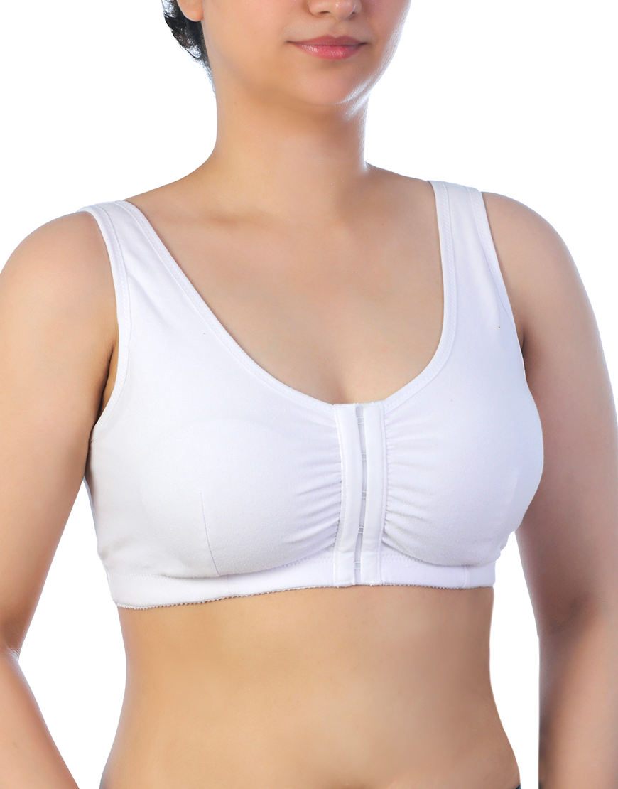 Cotton Front-Opening Slip-On Post-Operative Bra with Pockets – White