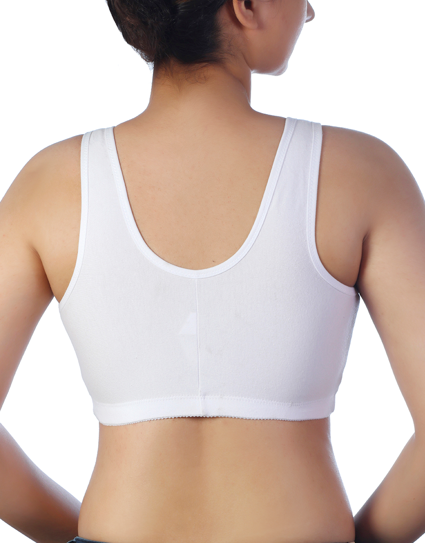 Cotton Front-Opening Slip-On Post-Operative Bra with Pockets – White