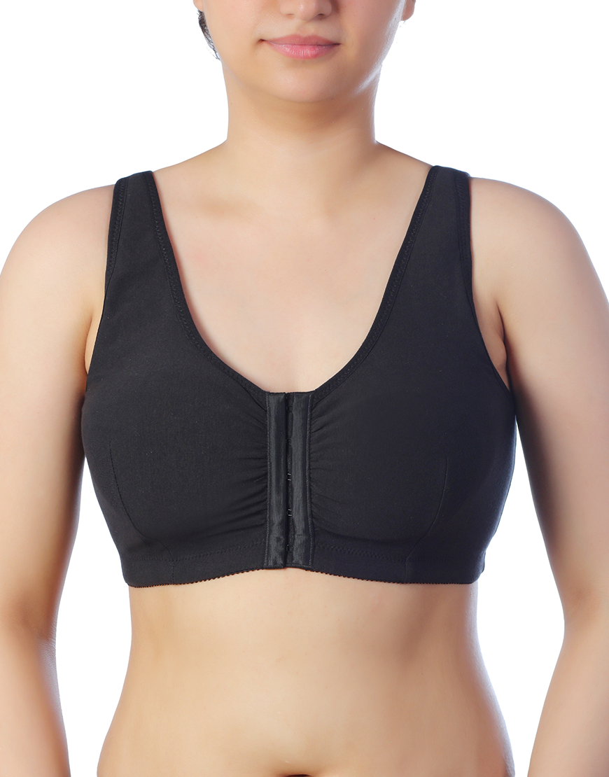 Cotton Front-Closure Post-Operative Bra with Pockets – Black