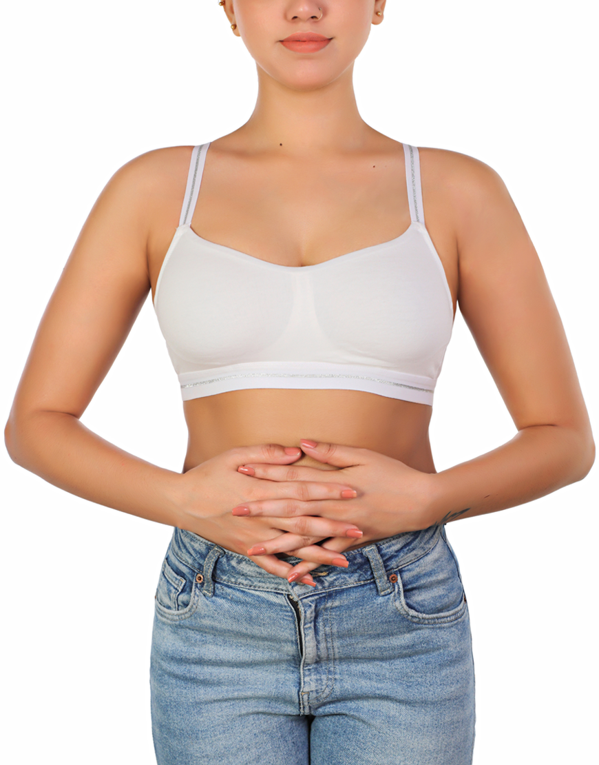 Double-layered cotton wireless bra with glitter elastic waistband – White