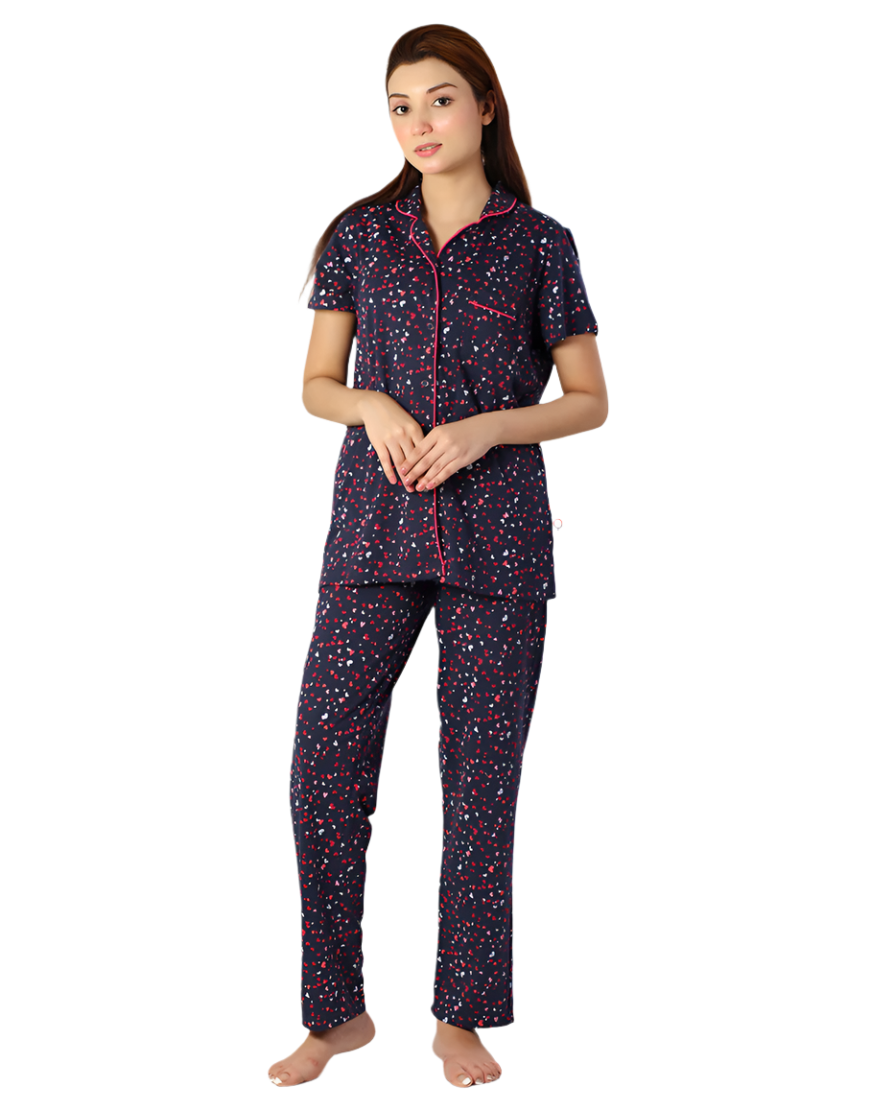 Siesta Cotton Button-Down Shirt and Pajama Set – Navy Hearts