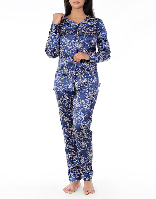Pyjama-Set aus Satin-Seide mit Knopfleiste – Blumenmuster