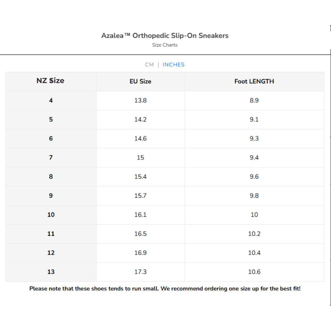 Size chart for Azalea™ Orthopedic Slip-On Sneakers