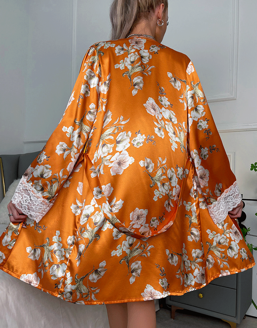 Losha silk nightdress with lace sleeve accents – Orange (belted nightdress only)