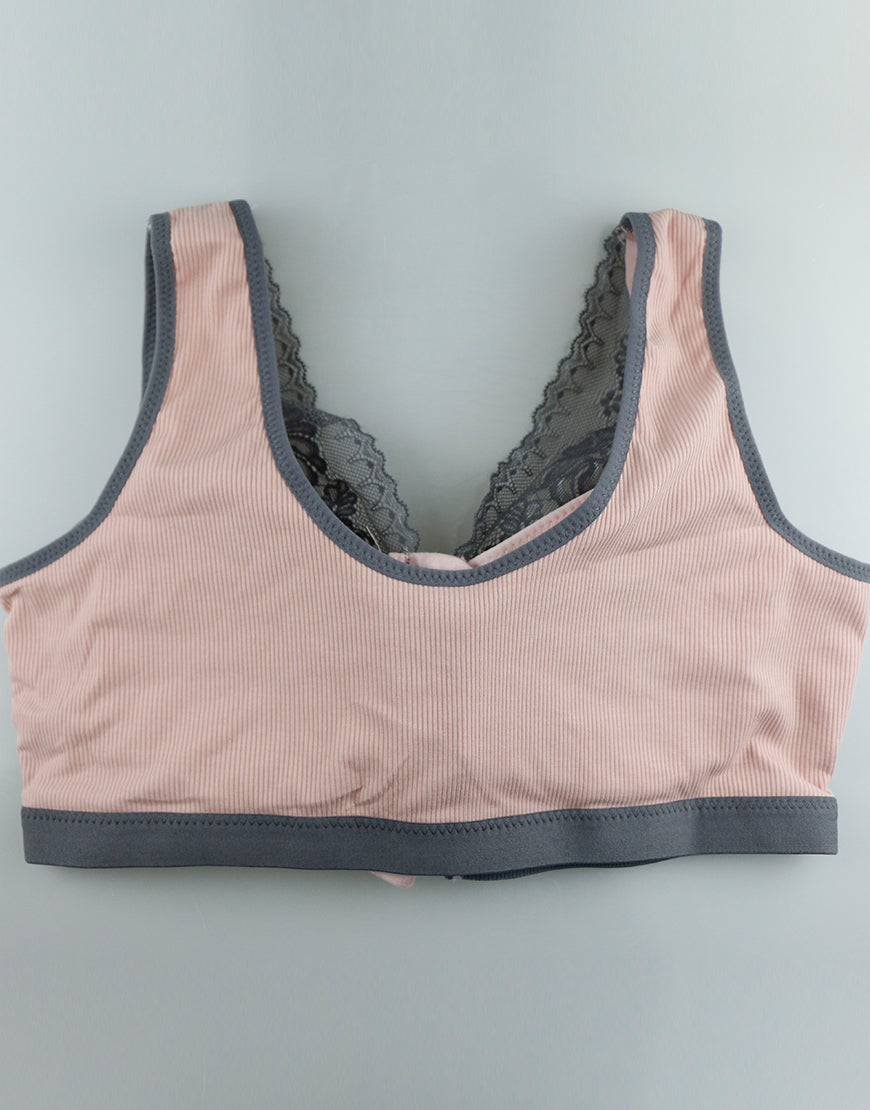 Ribbed fabric, front zip postoperative bra with pockets – Pink