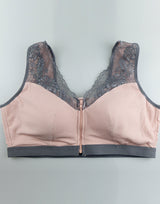 Ribbed fabric, front zip postoperative bra with pockets – Pink