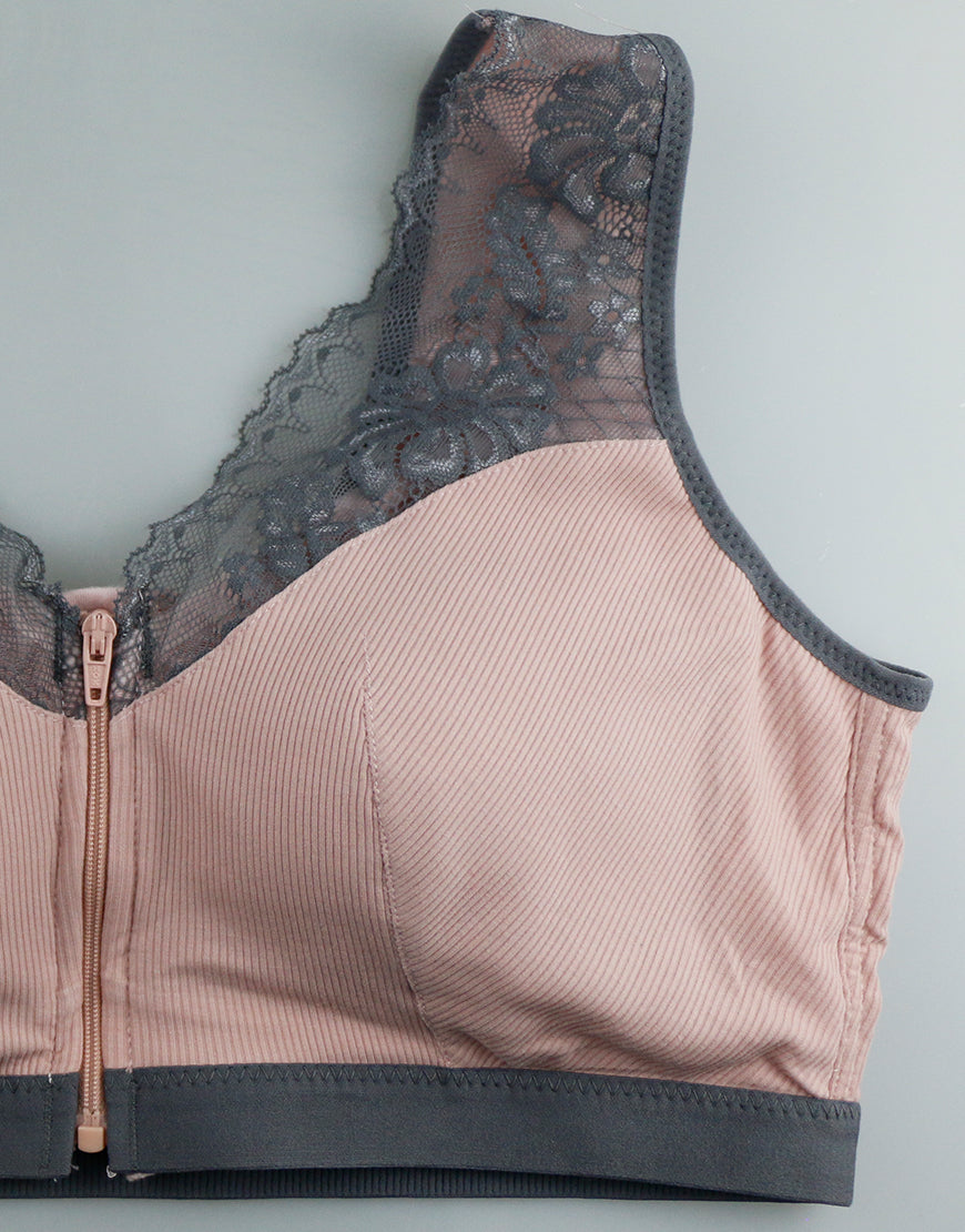 Ribbed fabric, front zip postoperative bra with pockets – Pink