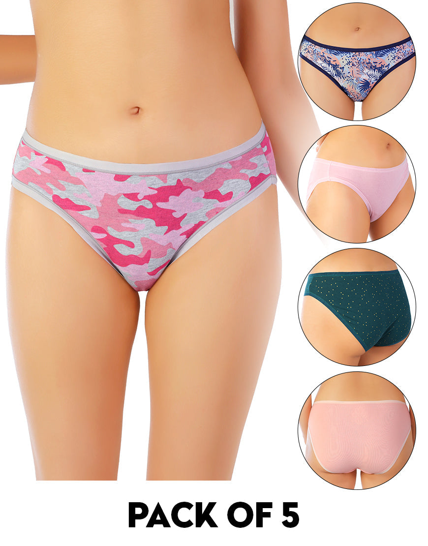 PACK MIT 5 SUPER WEICHEN BAUMWOLL-STRETCH PRINTED BIKINI-SLIPS - ARMY