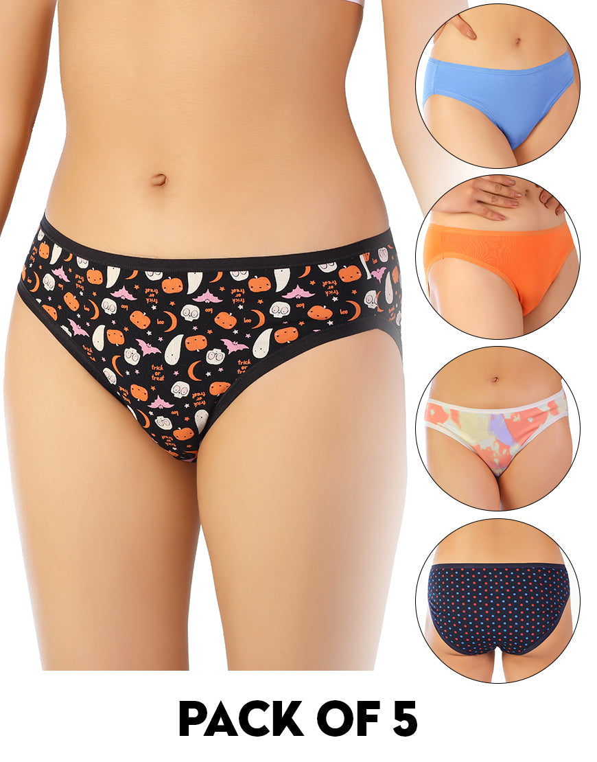 PACK OF 5 SUPER SOFT COTTON STRETCH PRINTED BIKINI BRIEFS - PUMPKIN