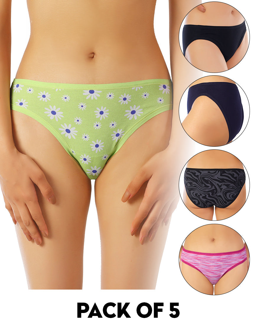 PACK MIT 5 SUPER WEICHEN BAUMWOLL-STRETCH PRINTED BIKINI-SLIPS - GÄNSEBLÜMCHEN