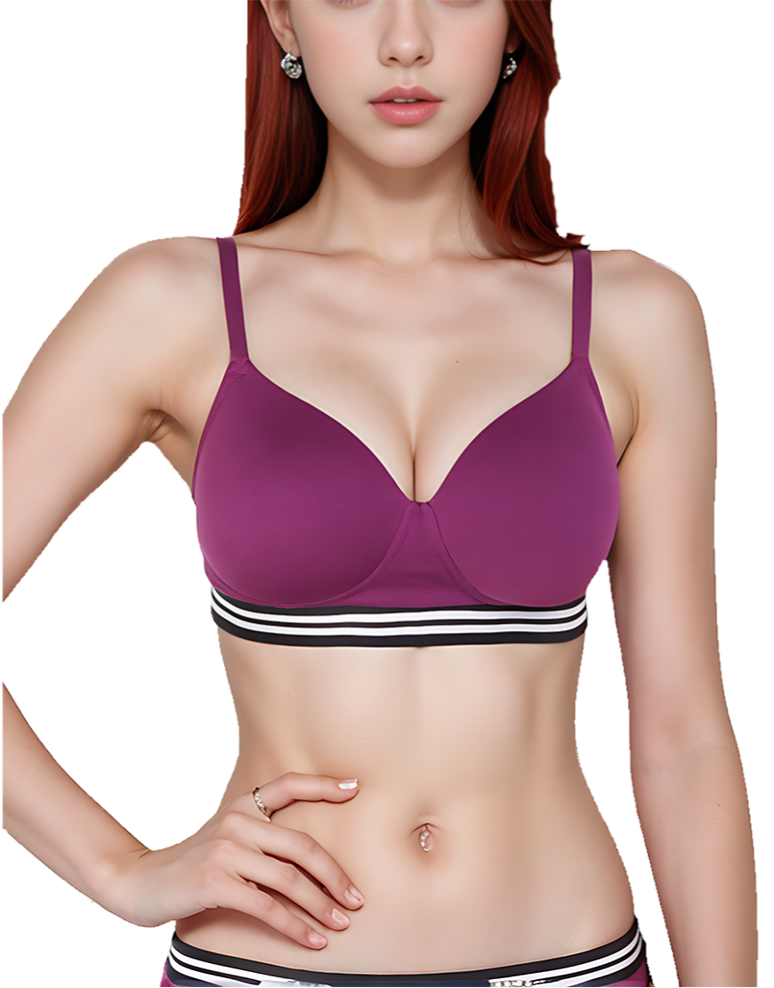 Lightly padded, wireless T-shirt bra with striped elastic waistband – Purple