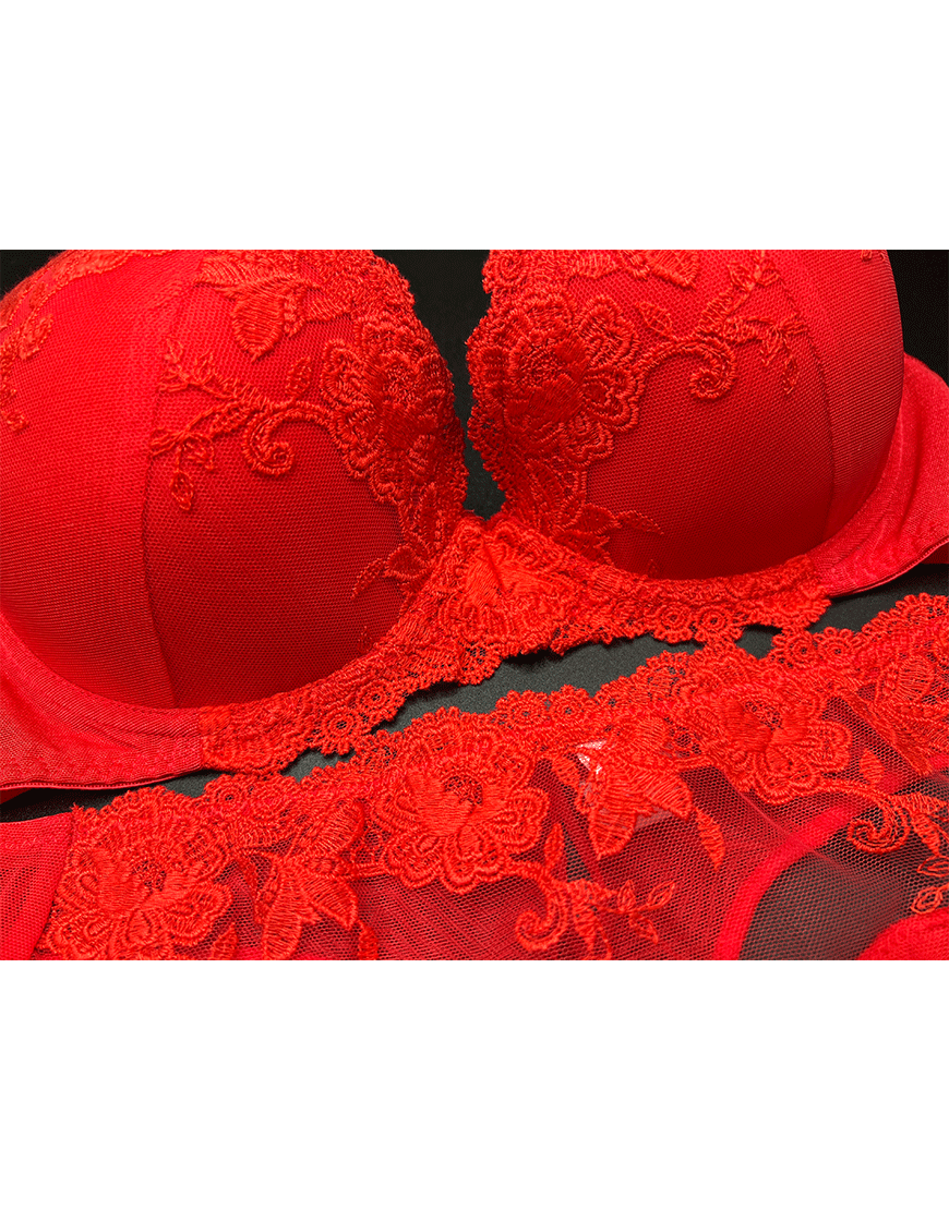 Lightly padded underwire bra with matching panty – Red