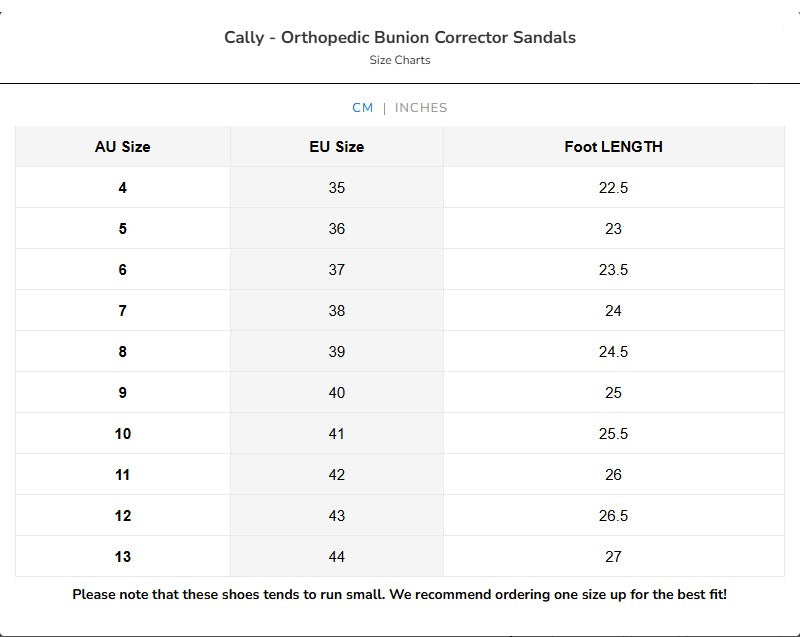 Size chart for Cally - Orthopedic Bunion Corrector Sandals