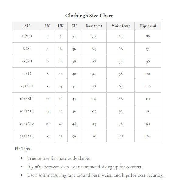 Size chart for Sahara Totem Dress