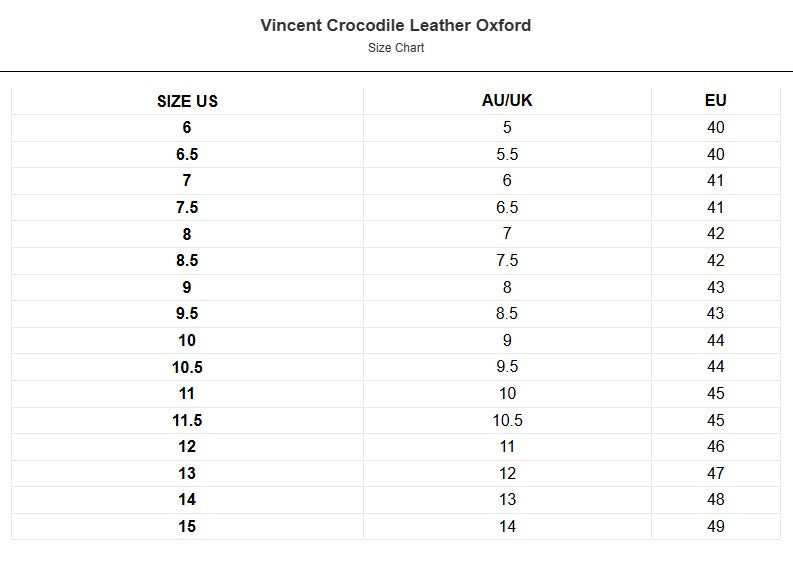 Size chart for Vincent Crocodile Leather Oxford