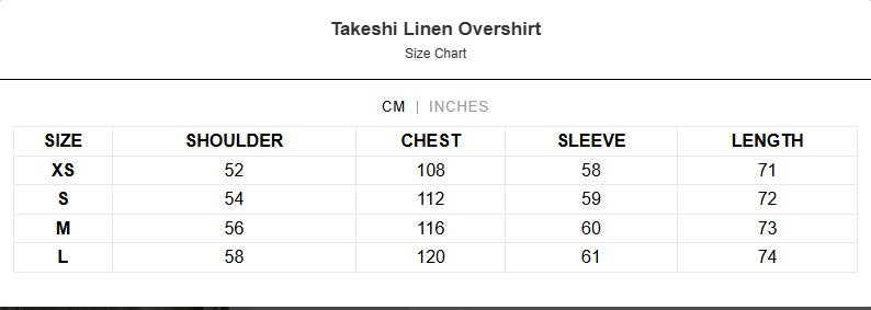 Size chart for Takeshi Linen Overshirt