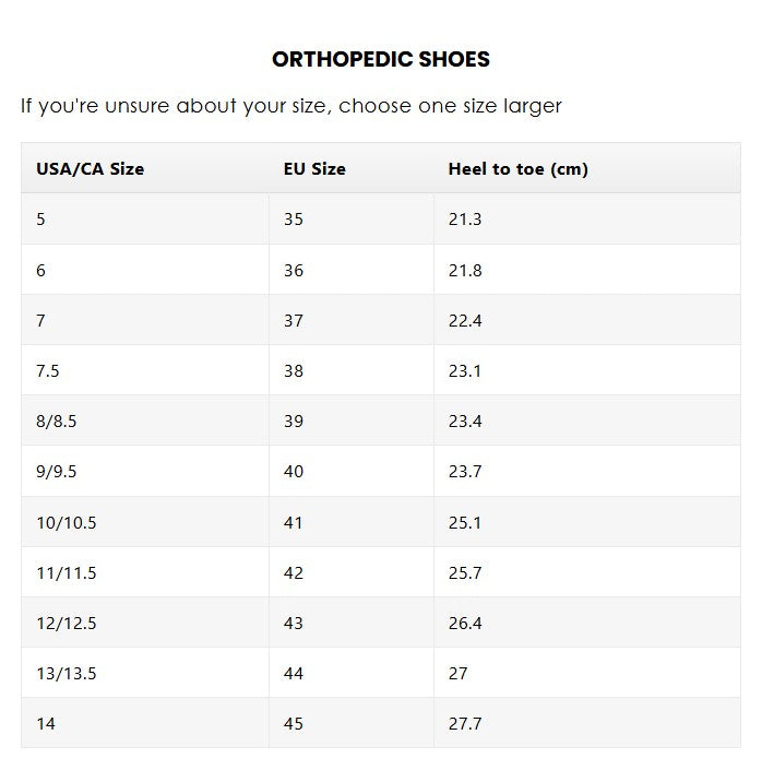 Size chart for Carry™ Orthopaedic slip-on shoes