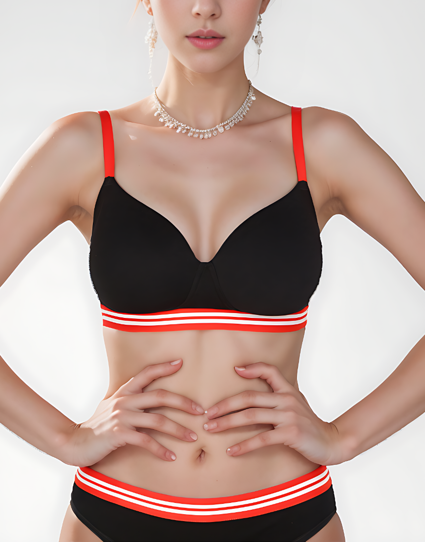 Leicht gepolsterter, bügelloser T-Shirt-BH mit gestreiftem Elastikbund – Schwarz