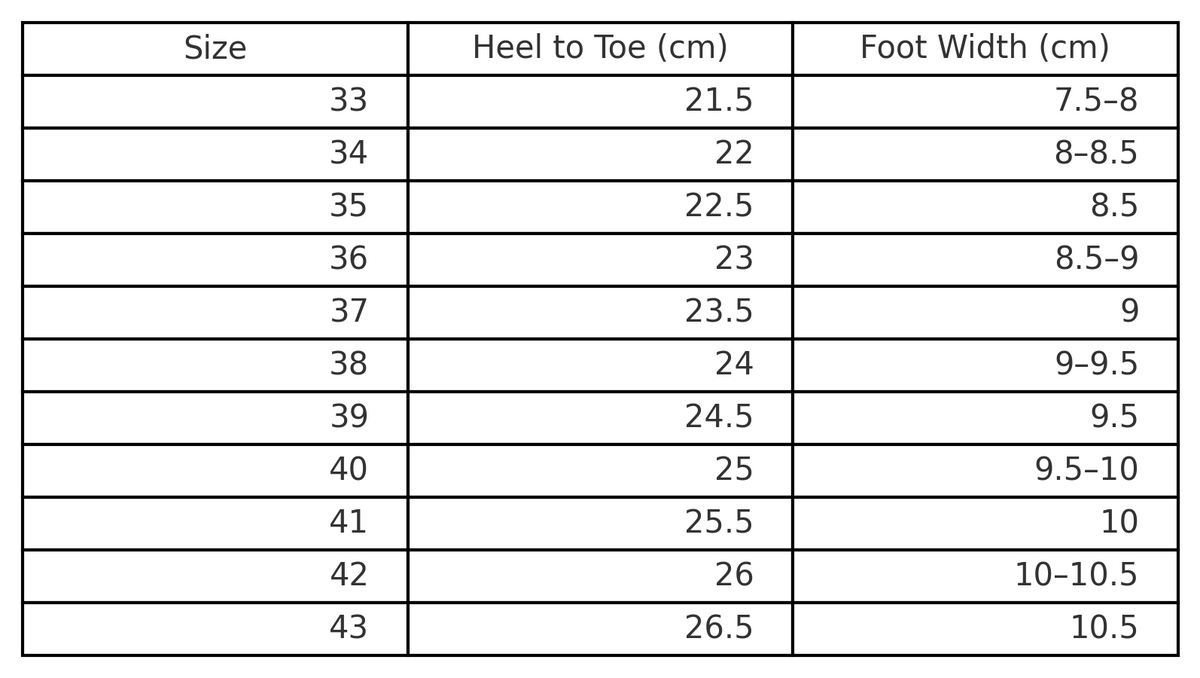 Size chart for Liora Comfort Sandals