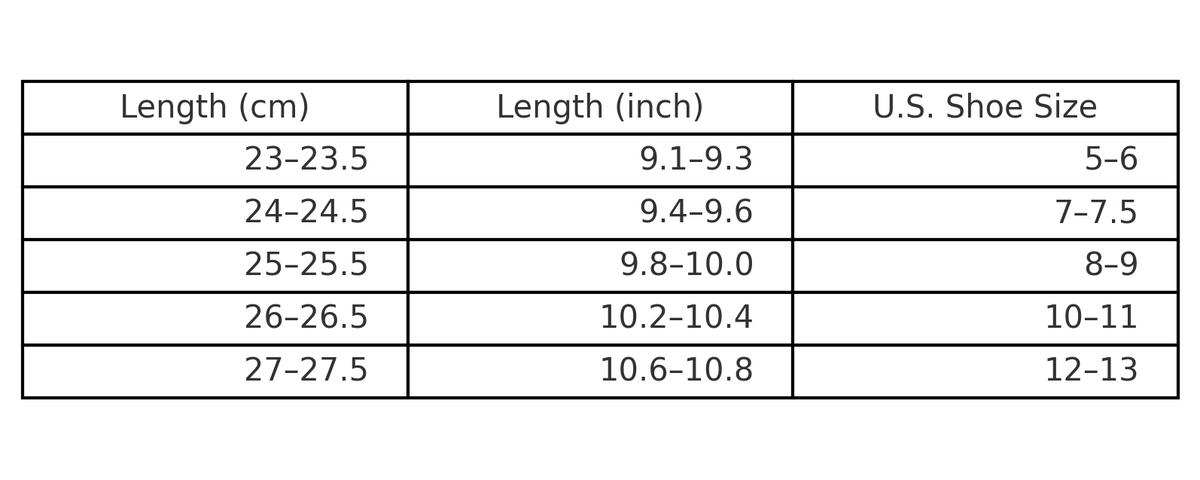 Size chart for AeroSoft Slippers