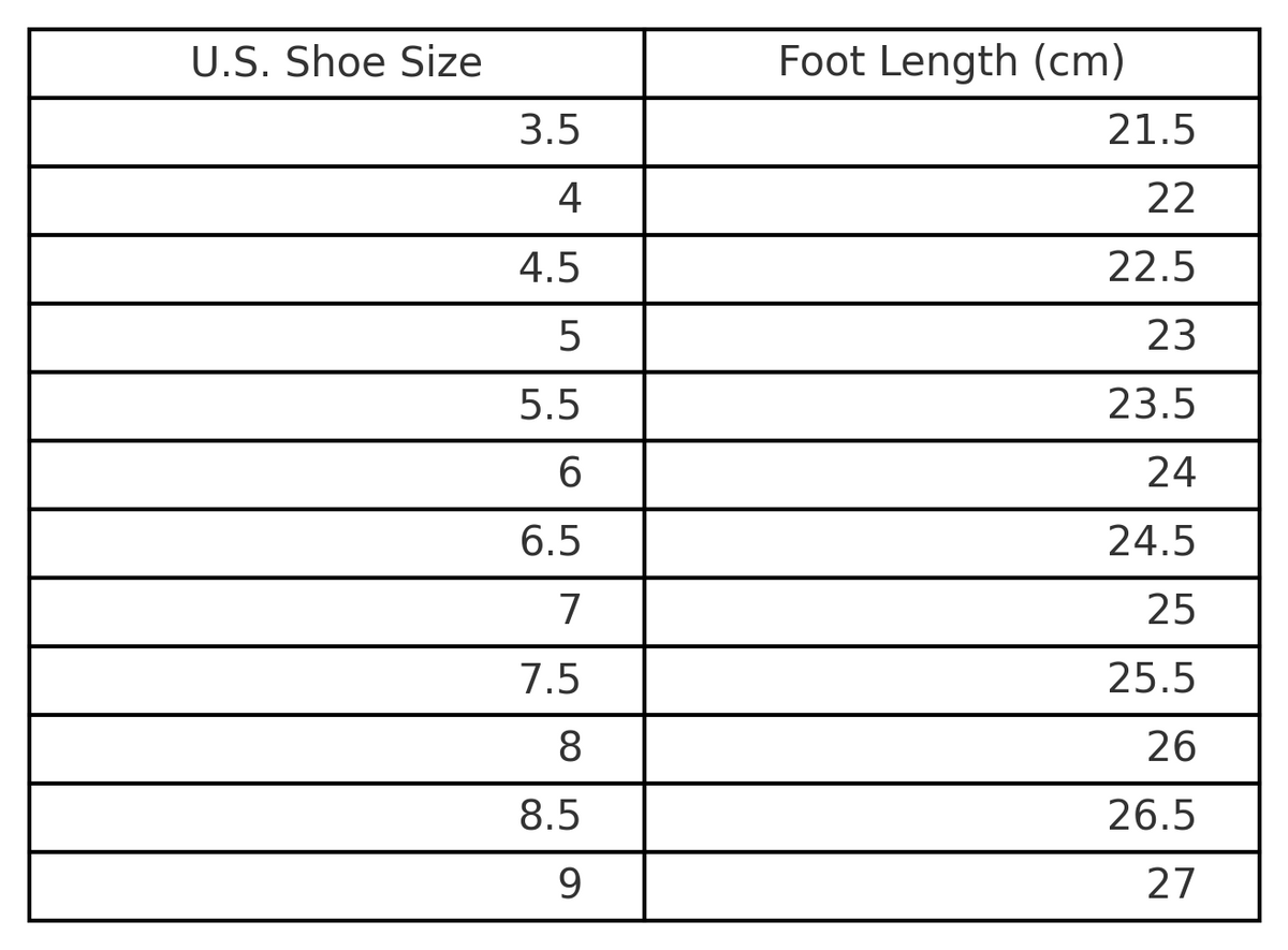 Size chart for Mira Soft Leather Loafers