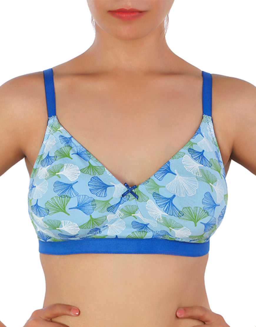 Double-layered cotton bra with floral print – Blue