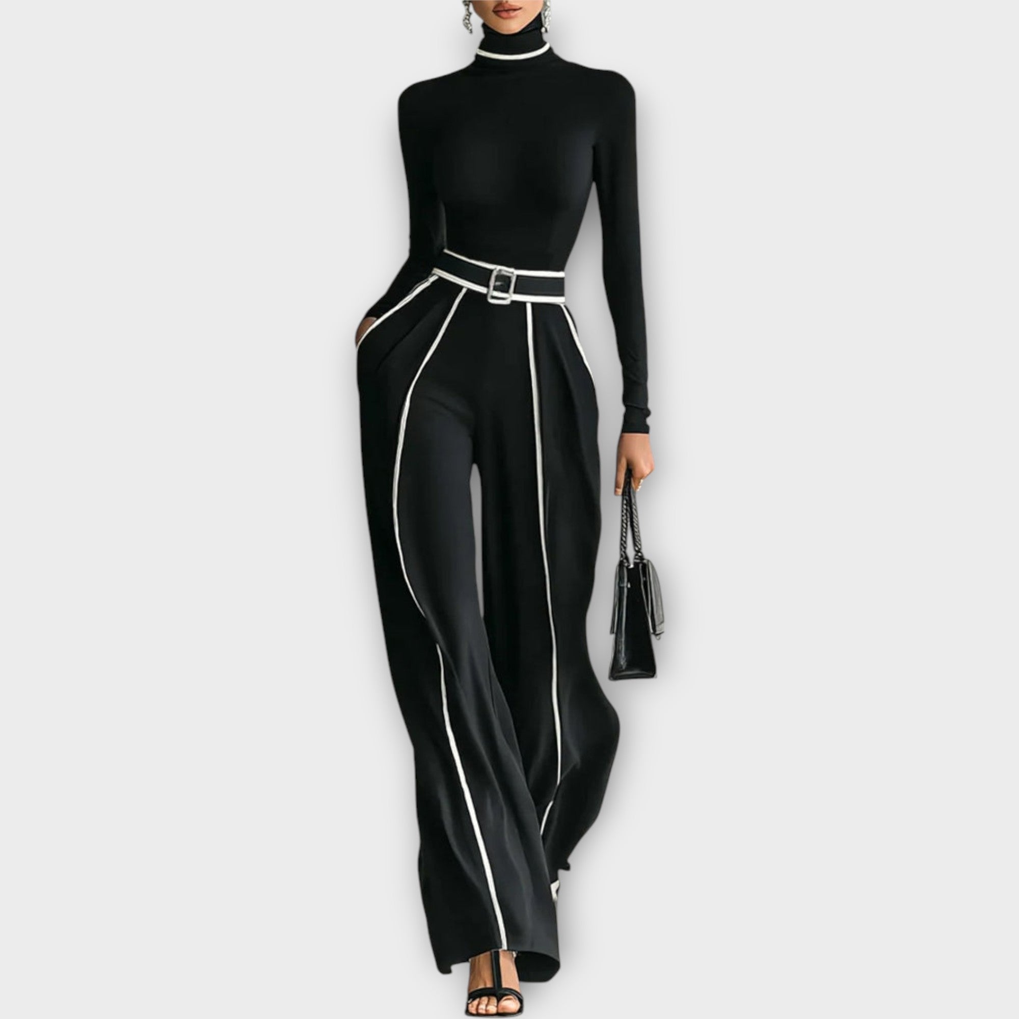 Sophisticated Two-Piece Set with Turtleneck Top and Wide-Leg Pants
