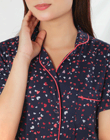 Siesta Cotton Button-Down Shirt and Pajama Set – Navy Hearts
