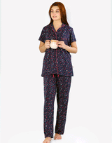 Siesta Cotton Button-Down Shirt and Pajama Set – Navy Hearts