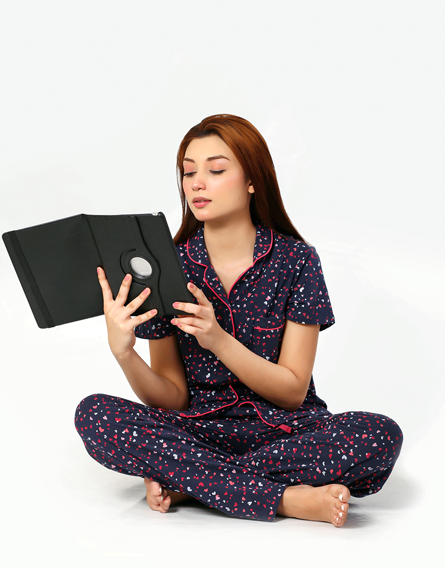 Siesta Cotton Button-Down Shirt and Pajama Set – Navy Hearts