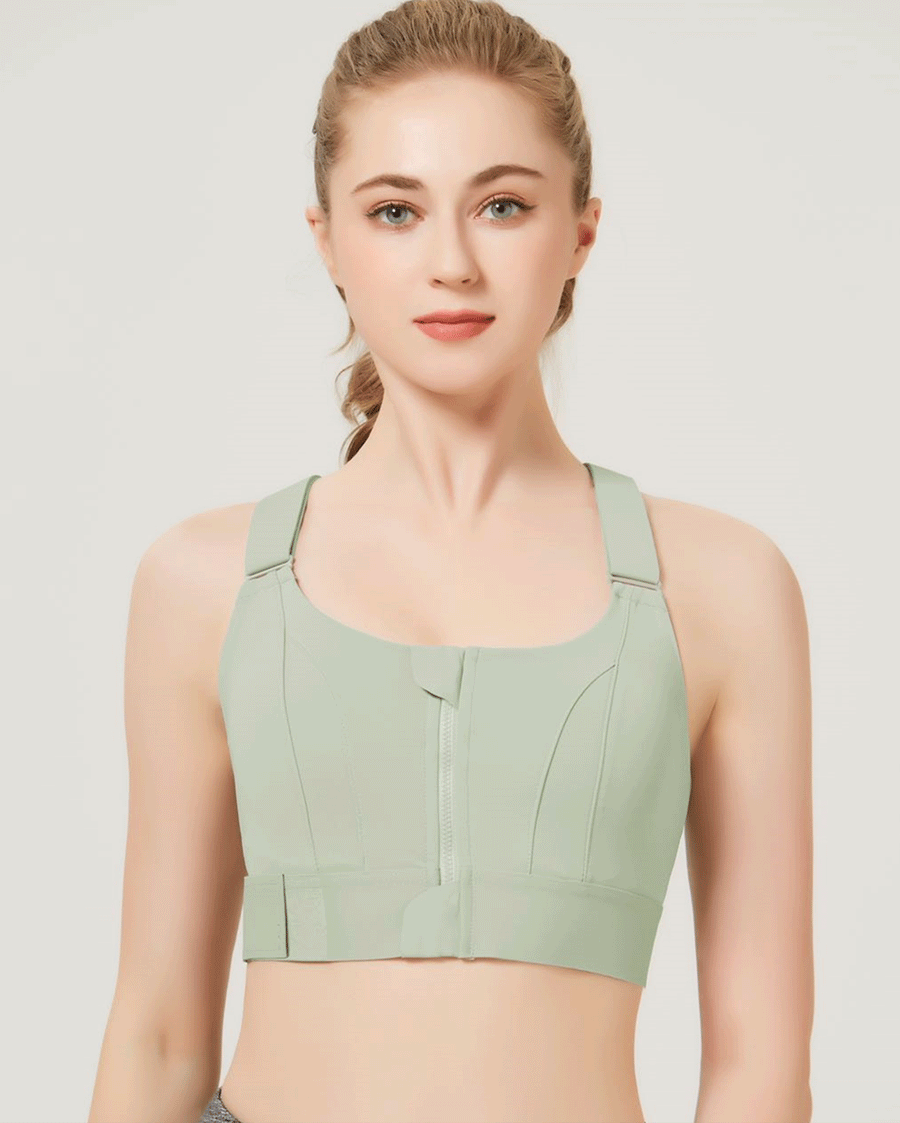 PREMIUM QUALITY FRONT CLOSURE PADDED HIGH IMPACT SPORTS BRA WITH ADJUSTABLE WAISTBAND - Green 