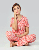 Siesta Baumwoll-Hemd- und Pyjama-Set mit Knopfleiste – Blumenmuster Pfirsich