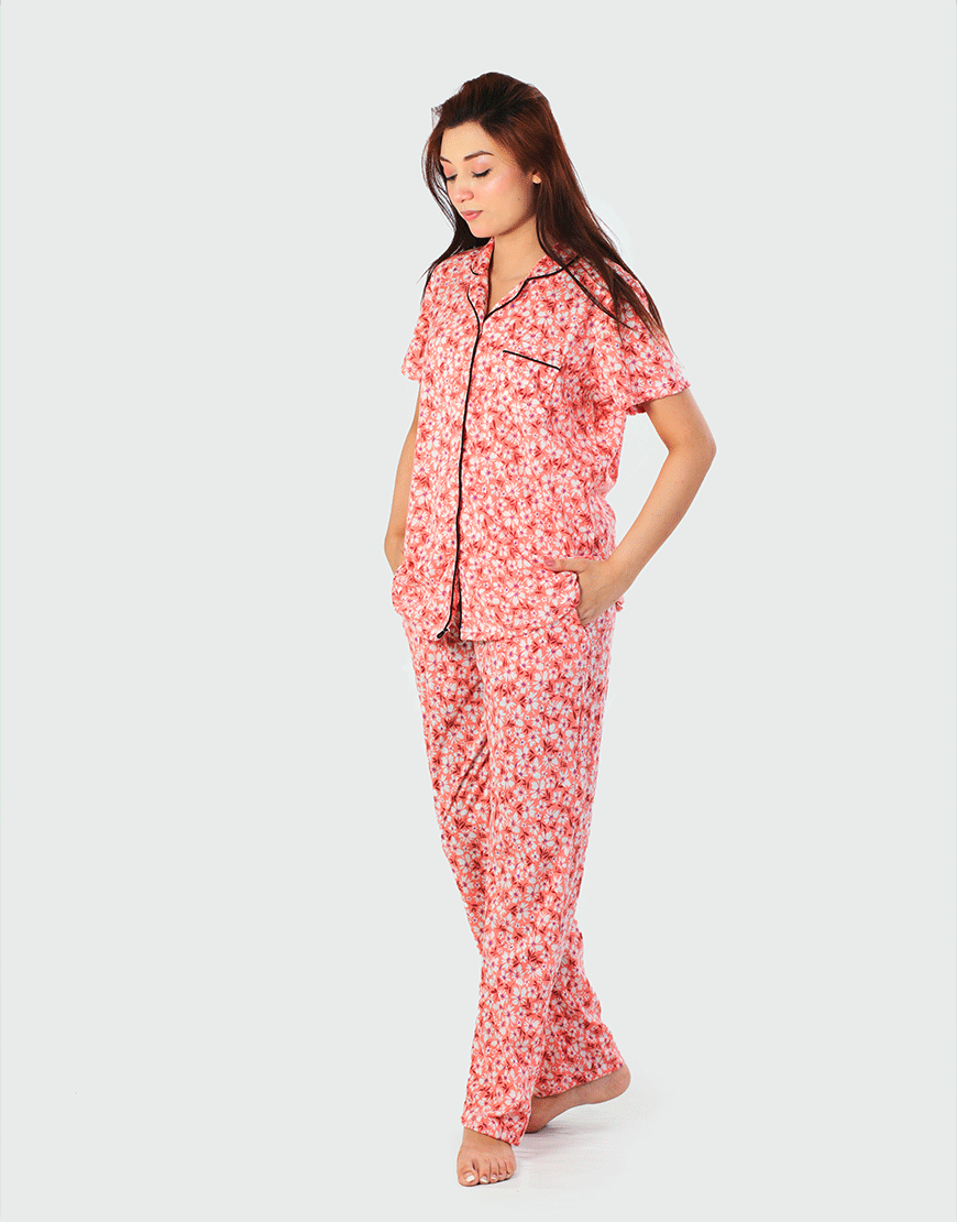 Siesta Cotton Button-Down Shirt and Pajama Set – Peach Floral