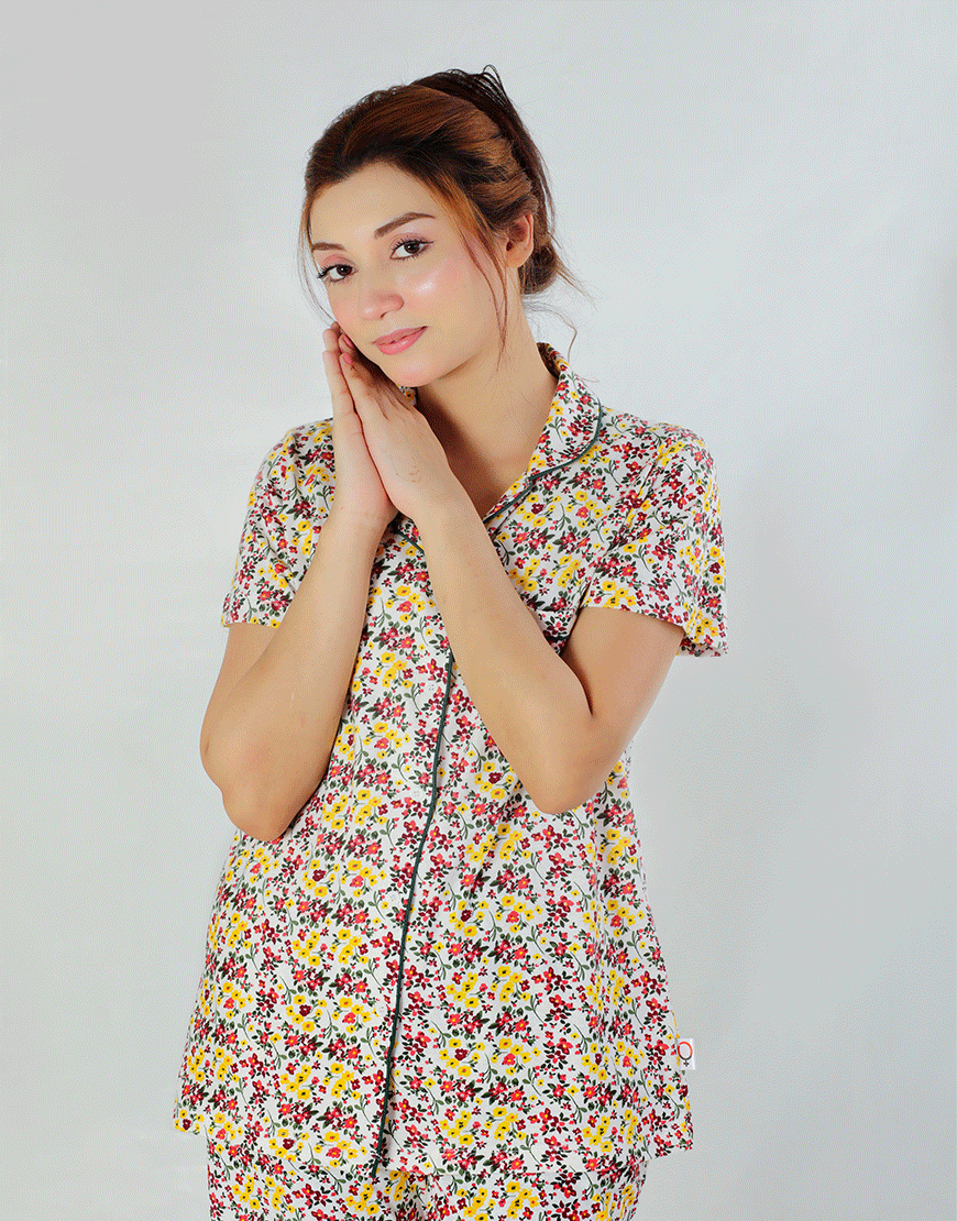 Siesta Cotton Button-Down Shirt and Pajama Set – Spring White