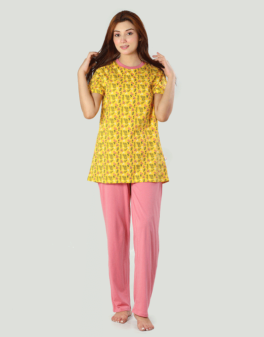 Losha Baumwoll-Print-Top und Pyjama-Set – Gelb